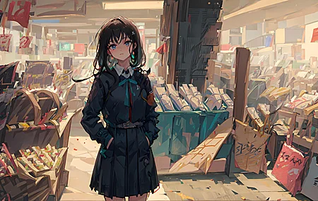插口袋 女学生 动漫 女孩 校服 人工智能艺术 超市 壁纸 4096×2302