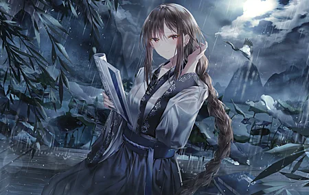 精选长发 黑发 辫子 动漫 女孩 AI艺术 肖像 雨 服装 桌面壁纸 4862×2948