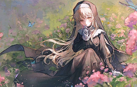 抹茶 修女 金发 动漫 女孩 AI艺术 鲜花 壁纸 3840×2160