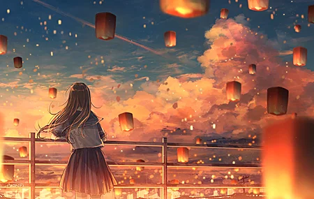 精选雨森 动漫 女孩 校服 灯笼 天灯 夜灯 云 4K壁纸 3840×2160