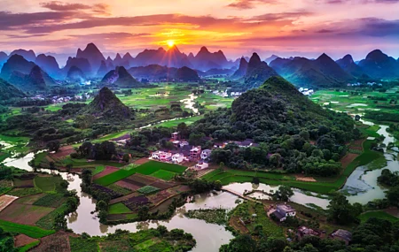 摄影 中国 风景 城市 景观 山 田野 房子 水 河 桂林 自然 壁纸 7680×4320