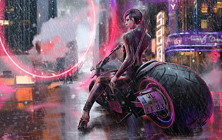 绚丽赛博女孩 赛博朋克 科幻小说 摩托车 无水印壁纸 3840×2380
