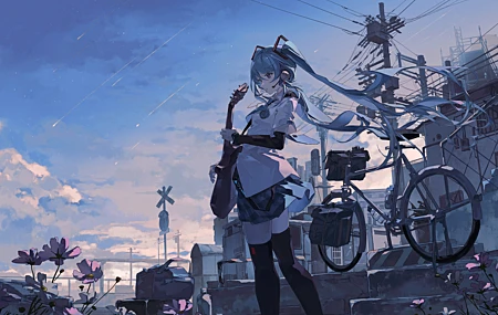 热门长发 蓝头发 蓝眼睛 站立 动漫 女孩 初音 小提琴 天空 云 双尾 吉他 乐器 鲜花 自行车 肘部手套 耳机 高清壁纸 5262×3720