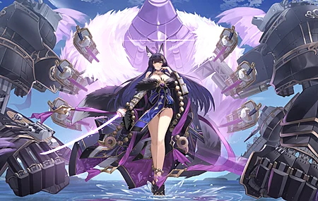 长发 深色头发 狐狸耳朵 狐耳 独唱 动漫 女孩 碧蓝航线 武藏 狐狸女孩 狐女 AI艺术 剑 4K高清壁纸 5416×2747