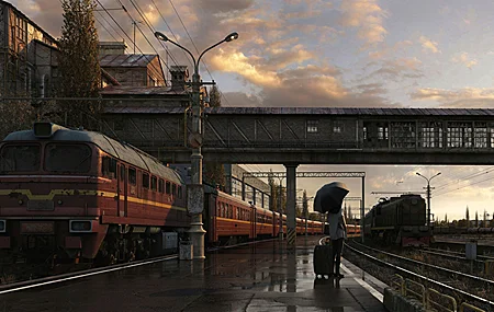 女性 AI艺术 雨伞 城市 火车 火车站 桌面壁纸 3840×2160