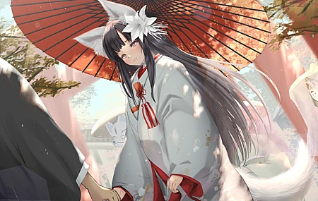 长发 深色头发 粉色眼睛 动漫 女孩 婚礼 服装 雨伞 狐狸少女 婚纱 壁纸 5120×2880