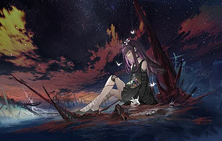 精选紫色头发 动漫 女孩 折纸 明星 星夜 血 黑色连衣裙 无水印壁纸 3840×2160