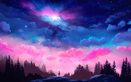 儿童 站立 AI艺术 天空 森林 空间 星星 云 蓝色 五颜六色 风景 灯光 自然 树木 4K高清壁纸 5000×2812