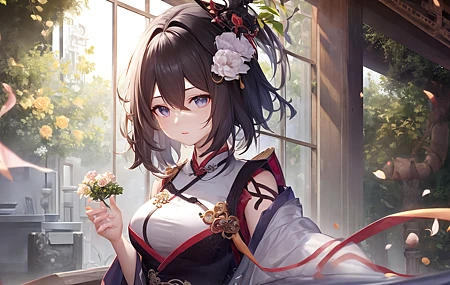 绚丽汉服 艺术 小说 服饰 动漫 女孩 花 花瓣 旗袍 4K壁纸 5376×3072