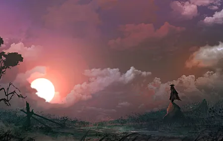孤独 英雄 幻想 自然 太阳 云 草 AI艺术 壁纸 6600×3600