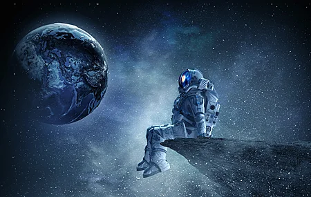 宇航员 坐着 宇宙 太空 插图 行星 宇航服 地球 悬崖 倒影 星星 奇幻艺术 壁纸 4300×2580