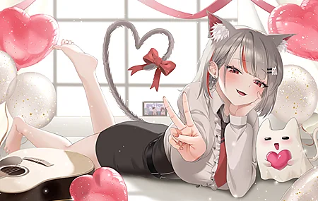 绝美猫女孩 躺下 脚 微笑 动漫 女孩 猫耳朵 猫尾巴 气球 领结 脸红 耳环 穿孔 吉他 心 设计 窗口 乐器 壁纸 3840×2160