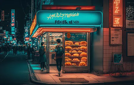 艺术 插图 街道 霓虹灯 食物 路灯 灯 背包 4K高清壁纸 4579×2616