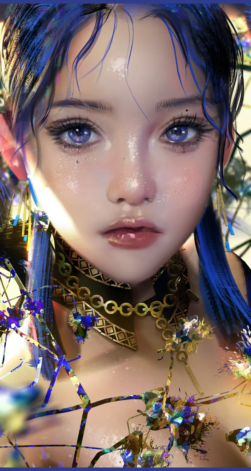 女性 奇幻 女孩 蓝色头发 AI艺术 插图 肖像 奇幻艺术 手机 壁纸 4000×4000