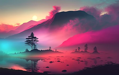 超清艺术 薄雾 早晨 日出 风景 山脉 湖泊 自然 倒影 手机壁纸 4579×2616