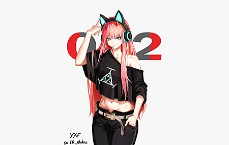 高清粉色头发 长发 女人 动漫 女孩 零二 亲爱的在法 眼睛 角 腹部 耳机 DARLING 国家队 高清壁纸 3840×2160