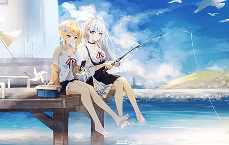 动漫 女孩 原神 海边 钓鱼 长发 短发 灯塔 壁纸 4966×2759