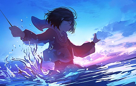绝美深色头发 短发 闭着眼睛 迷雾 动漫 女孩 黑发 校服 在水中 天空 大海 日落 喷水 桌面壁纸 4500×2260
