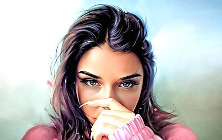 面部 长发 女性 肖像 AI艺术 原图 绘画 正面视图 白色背景 简单背景 逼真 特写 棕色眼睛 桌面壁纸 3840×2160