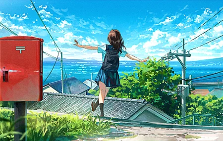 热门女学生 动漫 女孩 校服 云 水 天空 村庄 电线 草 高清壁纸 6741×2213