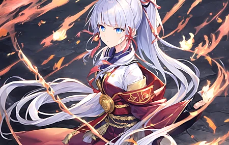 蓝头发 蓝眼睛 马尾辫 动漫 女孩 原神 龟里亚卡 火 艺术 4K高清壁纸 5120×3584