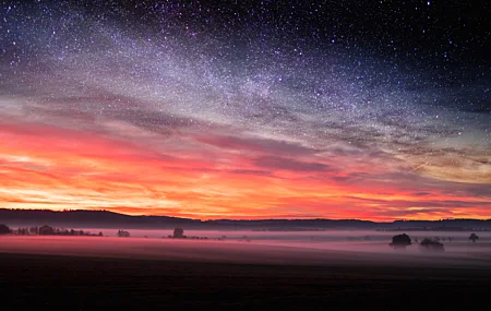 唯美自然 风景 日落 星夜 薄雾 照片处理 天空 星星 手机壁纸 6000×3560
