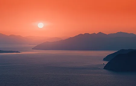 山脉 风景 日落 太阳 傍晚 水 海 灯光 自然 橙色 无水印壁纸 6182×2774