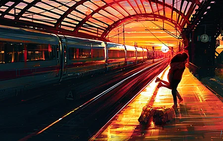 女人 火车站 夕阳 绘画 火车 4K高清壁纸 3840×2160