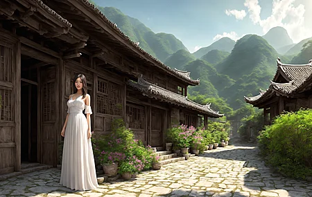 绝美村庄 艺术 鲜花 山脉 白色连衣裙 无水印壁纸 3840×2160