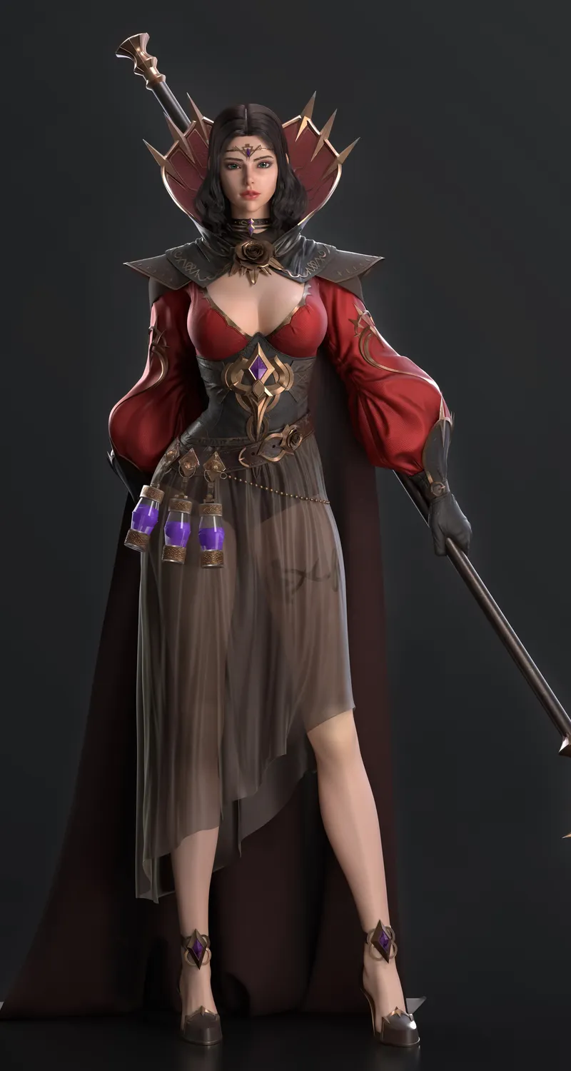 女人 黑发 蓝眼睛 连衣裙 武器 法杖 药水 长袍 红色衣服 手机 壁纸 3840×3840