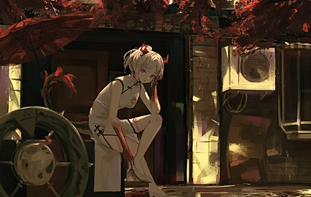 生活 白发 发髻 动漫 女孩 年 战士 角 紫色眼睛 兽耳 旗袍 汉服 雨伞 小巷 丸子头 壁纸 4090×2893