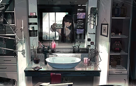 原创 人物 库卡 红眼 动漫 女孩 浴室 倒影 镜子 影子 自拍 黑发 4K高清壁纸 4500×2552