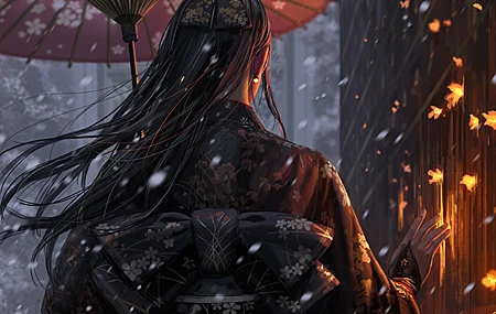女人 原创人物 长发 和服 图片 绘画 后面 伞 雪 火 幻想艺术 壁纸 3863×2415