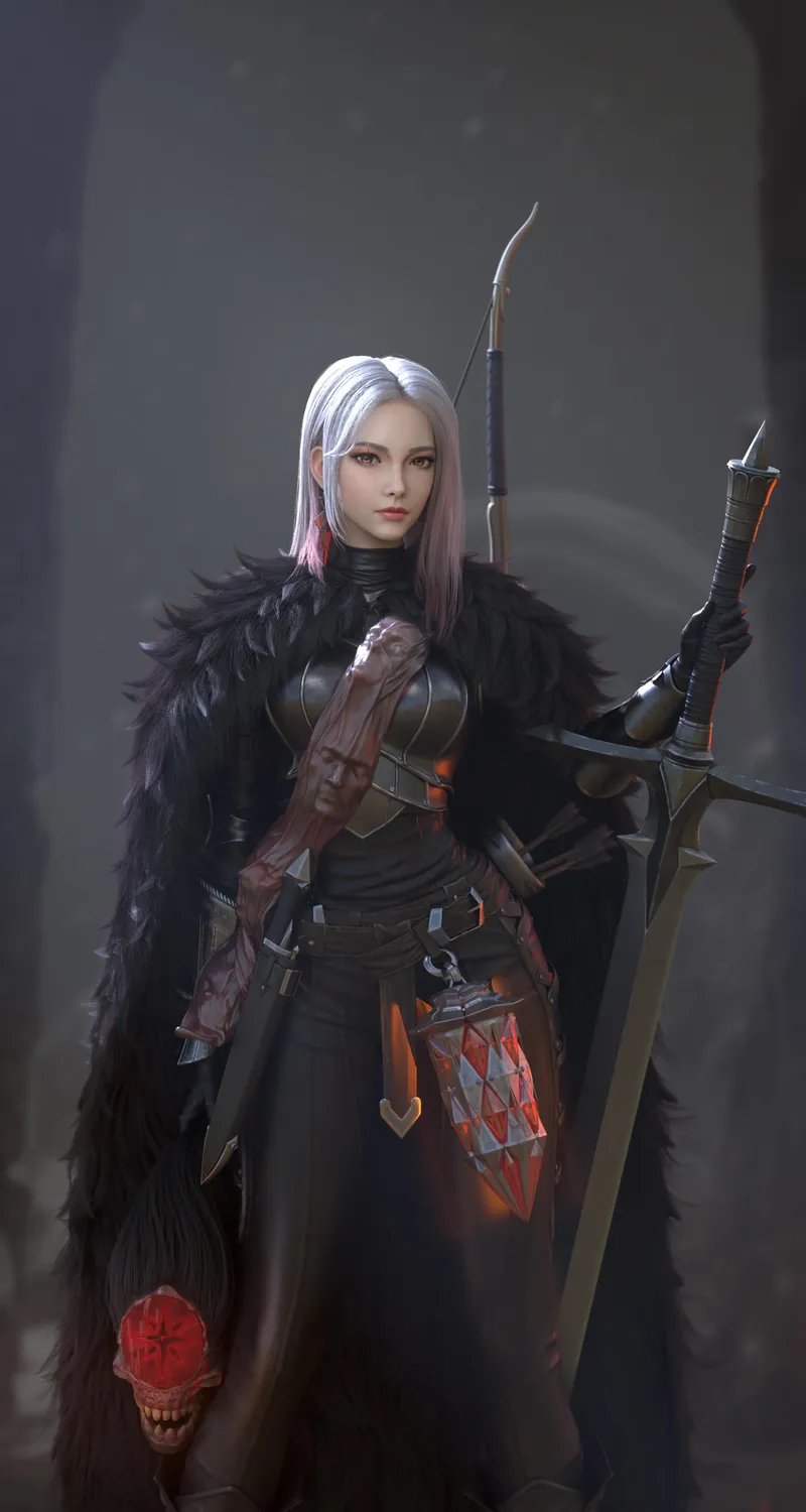 女人 战士 头 银发 大剑 毛皮 剑 武器 盔甲 手机 桌面壁纸 3840×4623