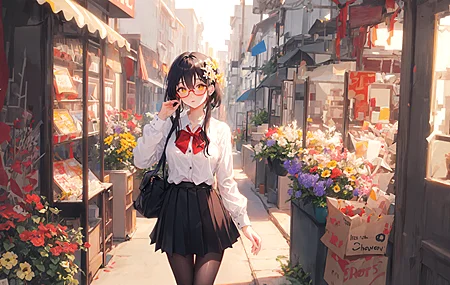 长发 深色头发 女学生 动漫 女孩 人工智能 眼镜 街道 鲜花 裤袜 红色眼镜 黄色眼睛 衬衫 头发里花 领结 校服 4K高清壁纸 3840×2160