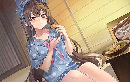 超清长发 深色头发 动漫 女孩 饼干 糖果 吃 紫色眼睛 壁纸 4096×2936