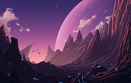 AI艺术 插图 风景 自然 行星 岩石 构造 鸟类 星星 山脉 生物发光 森林 壁纸 3840×2160