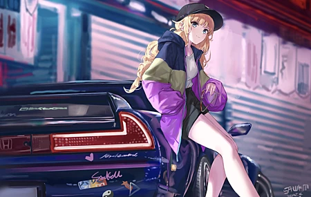 长发 蓝眼睛 金发 汽车 动漫 女孩 帽子 眼镜 尾灯 壁纸 5174×3591