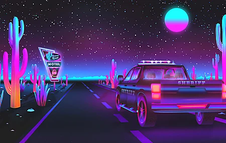 绚丽数码艺术 插图 霓虹灯 灯光 夜晚 夜空 天空 风景 自然 沙漠 星星 车辆 道路 霓虹 招牌 汽车旅馆 黑暗 月亮 月光 仙人掌 五颜六色 发光 紫色 4K壁纸 3840×2160
