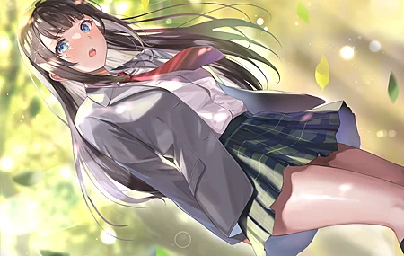 腿 长发 深色头发 蓝眼睛 裙子 动漫 女孩 校服 4K高清壁纸 4336×3060