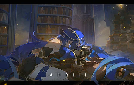 经典蓝发 长发 闭眼 原神 动漫 女孩 头饰 图书馆 书籍 兽耳 壁纸 4096×2495