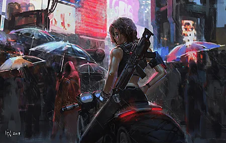 热门女人 武器 城市 雨伞 雨 未来主义 摩托车 奇幻艺术 夜晚 高清壁纸 3840×2400