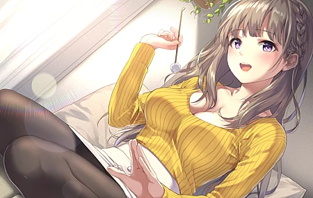 深色头发 银幕 动漫 女孩 连裤袜 迷你裙 毛衣 紫色眼睛 手机壁纸 4500×3182