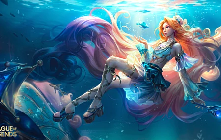 绝美腿 幻想 女孩 游戏CG 角色 长发 红发 英雄联盟 AI艺术 幻想艺术 厚底鞋 裙子 青色服装 鱼 动物 水下 无水印壁纸 7680×4320