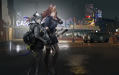 超清枪 户外 汽车 包 动漫 女孩 战士利斯卡姆 弗兰卡 剑 武器 号角 尾巴 兽耳 夜晚 壁纸 5861×3412