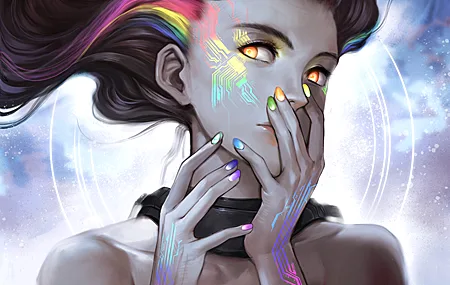 精选女人 奇幻女孩 长发 橙色眼睛 AI艺术 奇幻艺术 未来主义 五颜六色 彩虹 科幻 彩色指甲 壁纸 4000×3000
