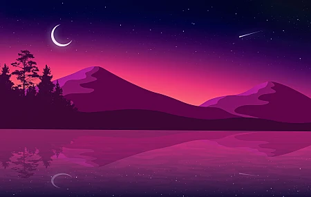 绝美AI艺术 极简主义 月亮 倒影 星星 水 山 自然 壁纸 10667×6000