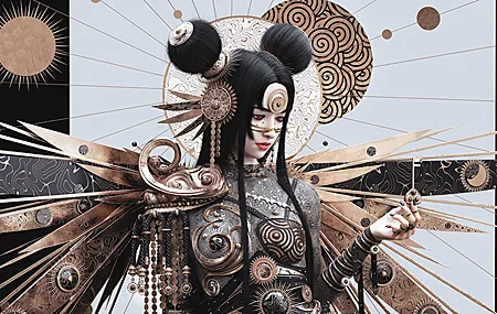 女性 奇幻女孩 长发 红色眼睛 彩绘指甲 黑发 AI艺术 艺术 奇幻艺术 黑色指甲 4K高清壁纸 3840×2160