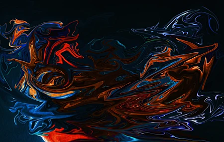 抽象 流体 液体 深色 黑色背景 彩色 AI艺术 油画 飞溅 画笔 橙色 蓝色 壁纸 8192×4320