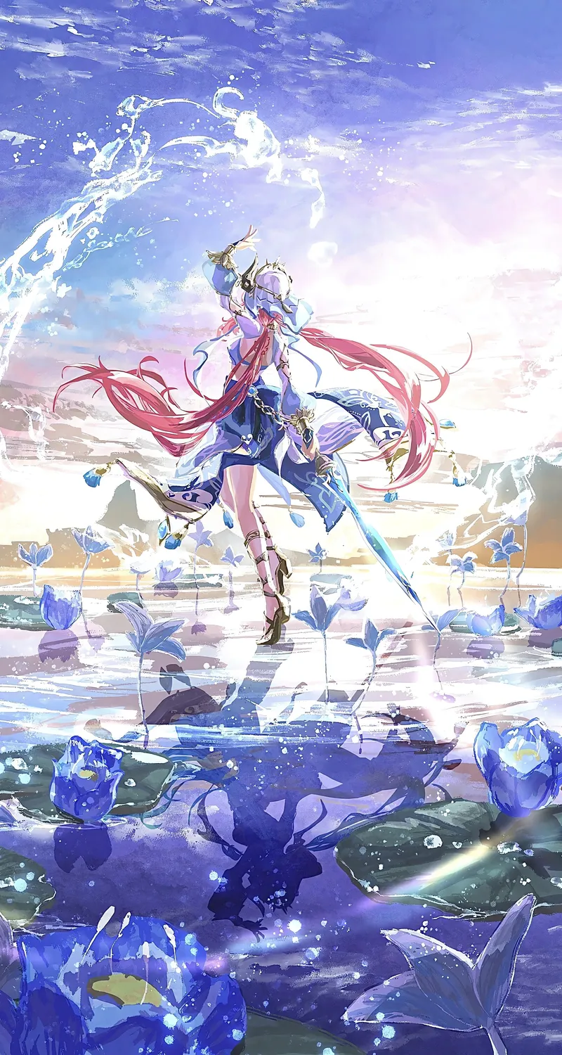 长发 红发 动漫 女孩 水 鲜花 倒影 水滴 天空 睡莲 武器 双尾 手机 手机壁纸 4200×5600